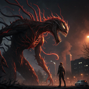 In a scene from 'Venom: Let There Be Carnage', a massive, otherworldly creature with fiery-red tendrils and sharp teeth stands in a dark, ominous setting.