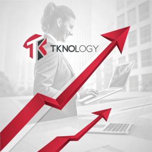 Tknology's logo, a sleek red arrow cutting through a neutral background. Modern design highlighting brand identity.