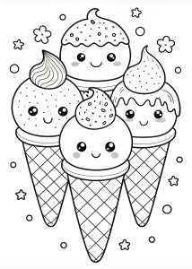 Coloring page, cute cartoon ice cream cone with three scoops and sprinkles, white background, black line art, no shading, no shadow, no color, no gray