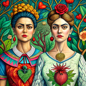 Two Fridas: The Frida on the left wears a white European-style dress with her heart open and blood on it, while the Frida on the right has her heart still intact and wears a traditional Mexican dress.