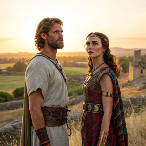 Nick Wilson, a burly warrior, and Angelina Keeley, a powerful sorceress, captured in a vibrant television scene. They stand against a backdrop of ancient ruins and sprawling fields, their figures illuminated by the golden hues of sunset. Nick, clad in a simple tunic, faces Angelina, whose arms are wrapped in intricate, colorful attire. The picture, a moment frozen in time, exudes an ethereal glow.