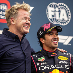 High-definition image: Gordon Ramsay, sporting a short haircut, and Sergio Perez, in racing gear, celebrating. Formula One themed backdrop filled with logos and sponsors. Vibrant colors