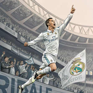 Cristiano Ronaldo mid-jump, celebrating a goal at the Santiago Bernabéu Stadium. Wearing Real Madrid jersey, dynamic pose, fans in the background