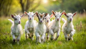 A group of adorable baby goats frolicking in a meadow.