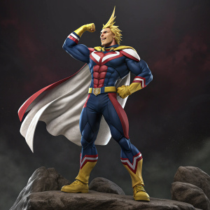 3D render of All Might, flexing with his iconic smile. The hero from My Hero Academia in a dark, dramatic setting.