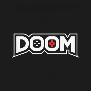The video game DOOM's logo is set against a black backdrop. The word 'DOOM' in bold white font, with a simple badge design. Minimalistic and impactful design.