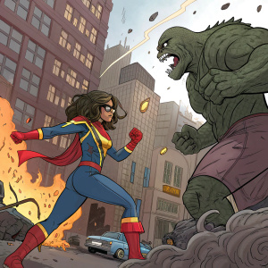 Comic series showcasing Kamala Khan, Ms. Marvel, battling colossal monster. Vivid artwork, dramatic action scenes, Marvel branding prominent