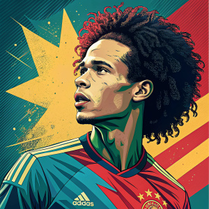 Digital illustration of Leroy Sane in Pop Art style. Vibrant color palette with blue, green, red, and yellow. Bold shapes and contrasting colors create dynamic composition.