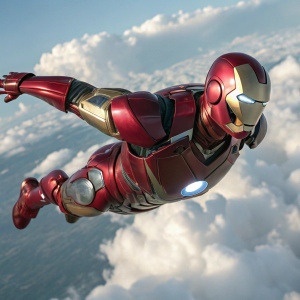 Tony Stark, aka Iron Man, mid-flight in his sleek suit. Red and gold armor shining against a digital backdrop with puffy white clouds.