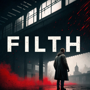 Film poster for 'Filth', featuring a dark, gritty color palette with dominant black, white, and red tones.