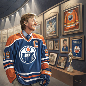 Wayne Gretzky, wearing his iconic Edmonton Oilers jersey, during a NHL Hall of Fame event. The background showcases modern tributes and memorabilia.