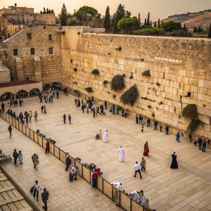 Aerial view of the Western Wall in Jerusalem. People in diverse attire, ranging from traditional to modern, praying and walking around the ancient structure. Layers of stone and greenery点缀其中。