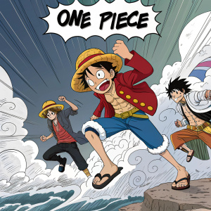 A vibrant splash page from the manga 'One Piece'. Depicts Luffy and his crew in dynamic action poses, surrounded by dramatic effects and text bubbles filled with dialogue.
