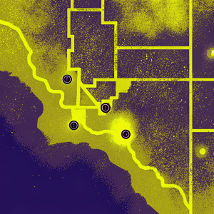 Post-apocalyptic Los Angeles digital map from Wasteland 2. Filled with iconic locations like Hollywood and Santa Monica. Distressed look with earthy colors and hints of greenery. Game map style for strategic gameplay.