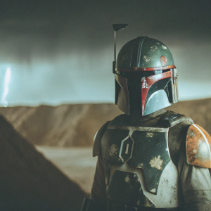 Sabine Wren, from Star Wars Rebels, in her signature Mandalorian armor. Dark and stormy setting with dramatic lighting