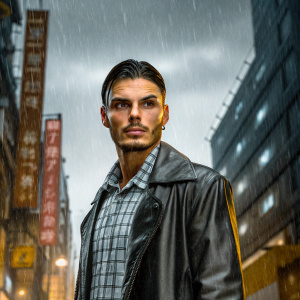 Baptiste Giabiconi stands in the center of a dimly lit, futuristic cityscape. His sharp jawline and dark hair, styled with precision, are highlighted against the backdrop of towering neon signs. He wears a fitted plaid shirt under a sleek, dark jacket. The shallow depth of field isolates him from the bustling metropolis behind, emphasizing his intense, mysterious demeanor.