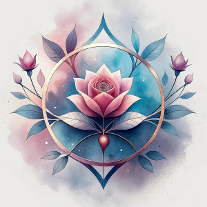 Create a logo that embodies spiritual transformation and growth. The design should integrate alchemical and spiritual symbols, such as a spiral, phoenix, or lotus, in a harmonious and abstract way. Use a color palette of soft golds, gentle purples, teal, and green to evoke a sense of enlightenment, clarity, and renewal. 