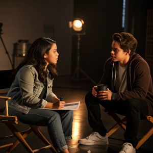 Cierra Ramirez and Jake T. Austin at a promotional event. Onset, casual wear, discussing scenes. Dimly lit studio
