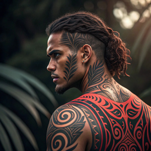 High contrast digital art featuring intricate neo-tribal tattoo designs. Dark and bold with flowing lines, inspired by ancient tribal art