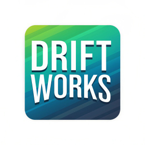 The logo of Drift Works redesigned as a vibrant square layout with gradient shades of blue and green. The text is bold and easily readable.