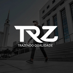 A sleek, modern logo for 'TRZ' in vibrant white font. Additional text in Portuguese. Minimalist, black background.
