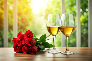 Two wine glasses and bouquet of flowers ontable. Concept of Valentine's Day and romantic date for couple