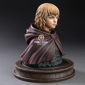 Prime1 Studio's rendition of Schierke from Berserk, sculpted in intricate detail. Dark, textured base and flowing robes highlighted by the subtle Prime1 Studio Contest logo. Exquisite 3D artistry