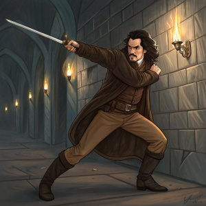 Inigo Montoya from 'The Princess Bride', in an action pose. Dark hair, detailed mustache. Wears brown coat and trousers. Fighting a villain in a dimly lit castle corridor, illuminated by torches.