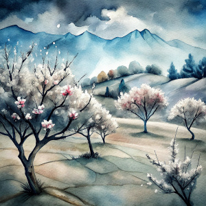 landscape with some snow blooming almond trees and a few flowers emerging black and white