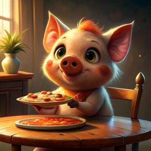 small piglet   eats pizza by  table