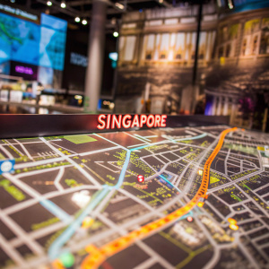 Interactive map highlighting Singapore. Zoomed-in view with 'Singapore' text in bold, vibrant colors.