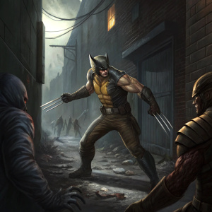 Detailed digital painting of Wolverine. Dark alleyway, intense confrontation with enemies