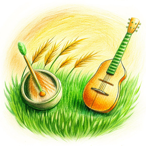 icon style, realystic, grass below and above, old etnical musical instrument
