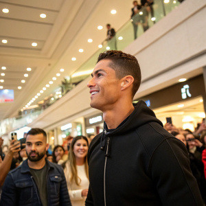Cristiano Ronaldo, in a casual look with a simple black hoodie, at a mall. Crowd of fans around him, indoor setting.