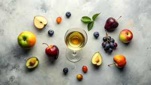 top view wine, fruits, elements, grapes, pear, apple, plum, white wine glass,
flat lay, realistic, place for text, very shard image,areal look
