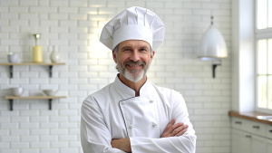 Caucasian middle aged male chef in a chef's hat with arms crossed wears apron standing in restaurant kitchen and smiling