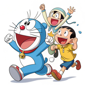 Dynamic illustration featuring Doraemon and Nobita from Yaseen Animations. Bold outlines and vibrant colors. Flat 2D style with a limited palette. Characters in various lively poses and expressions.