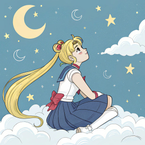 Usagi Tsukino, Sailor Moon, in a contemplative pose. Sitting on a cloud surrounded by stars and moons.