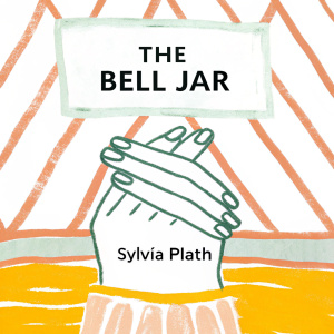 Vintage book cover design for 'The Bell Jar' by Sylvia Plath. Black and white image featuring a simple abstract hand drawing with the title and author name in bold, classic mid-century font. Focus on graphic elements and text.