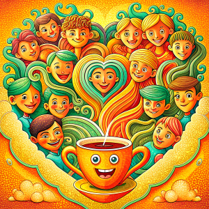 a cup of coffee made up entirely of lots of people interconnected and laughing. You cannot see the cup, you can only see people.