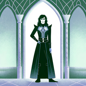 A detailed pencil drawing of a fantasy female character. Dark hair and a complex, dark outfit with metallic details. Standing in front of an ornate archway, confident pose. Hand-drawn on paper, utilizing line work and shading.