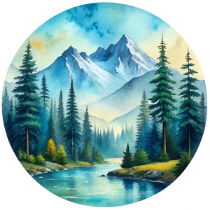 Vintage Watercolor, Pacific Blue Mountains, Gandes Pine Trees, River. Transparent Background