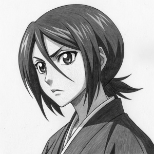 A detailed black and white sketch of Rukia Kuchiki. Her face and upper body fill the canvas, a close-up that captures her intensity. The background is plain white, allowing her intricate features and attire to stand out. Created with a mechanical pencil, every line is crisp and precise.