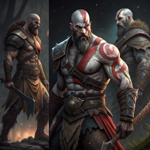 Three detailed 3D models showcasing Kratos from God of War. Each model captures the warrior's fierce demeanor and formidable strength in unique fighting stances. Dark, gritty atmosphere with shadowy background.