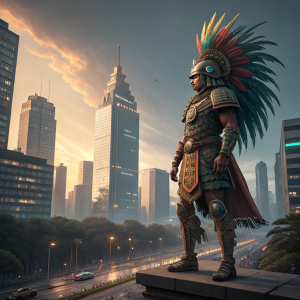 Ancient Aztec warrior, clad in intricate armor, headdress adorned with vibrant feathers, posing confidently in a modern cityscape.