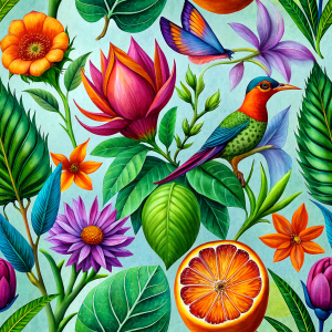 exotic orange craft paper with  purple -red  birds   and  yellow exotic flowers  and white  wild flowers ,flame  sweet paes, red  artichokes ,gladiolus 