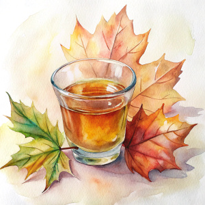 maple syrup, white background, glass cup, leafs