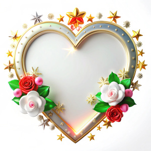 crea un hermoso marco en forma de corazon 3d delgado para fotografias elegante y con fondo totalmente blanco que el marco luzca muy profecional y elegante con decoraciones de corazones, estrellas en color plateado y dorado por fuera del marco y al rededor del marco y luces coloridas al rededor del marco y uma rosa blanca y rosa con su tallo verde al rededor del marco con el fondo de la imagen totalmente blanco