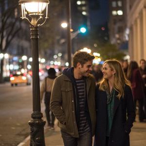 Zac Efron and Halston Sage, walking down a bustling city street at night. They share a tender moment under a street lamp.