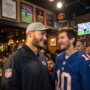 Mitchell Trubisky, bearded, in a dark NFL jacket, and Eli Manning, in a blue jersey, are seen in a casual meet-up at a sports bar. The bar is filled with football memorabilia and a crowd of fans.